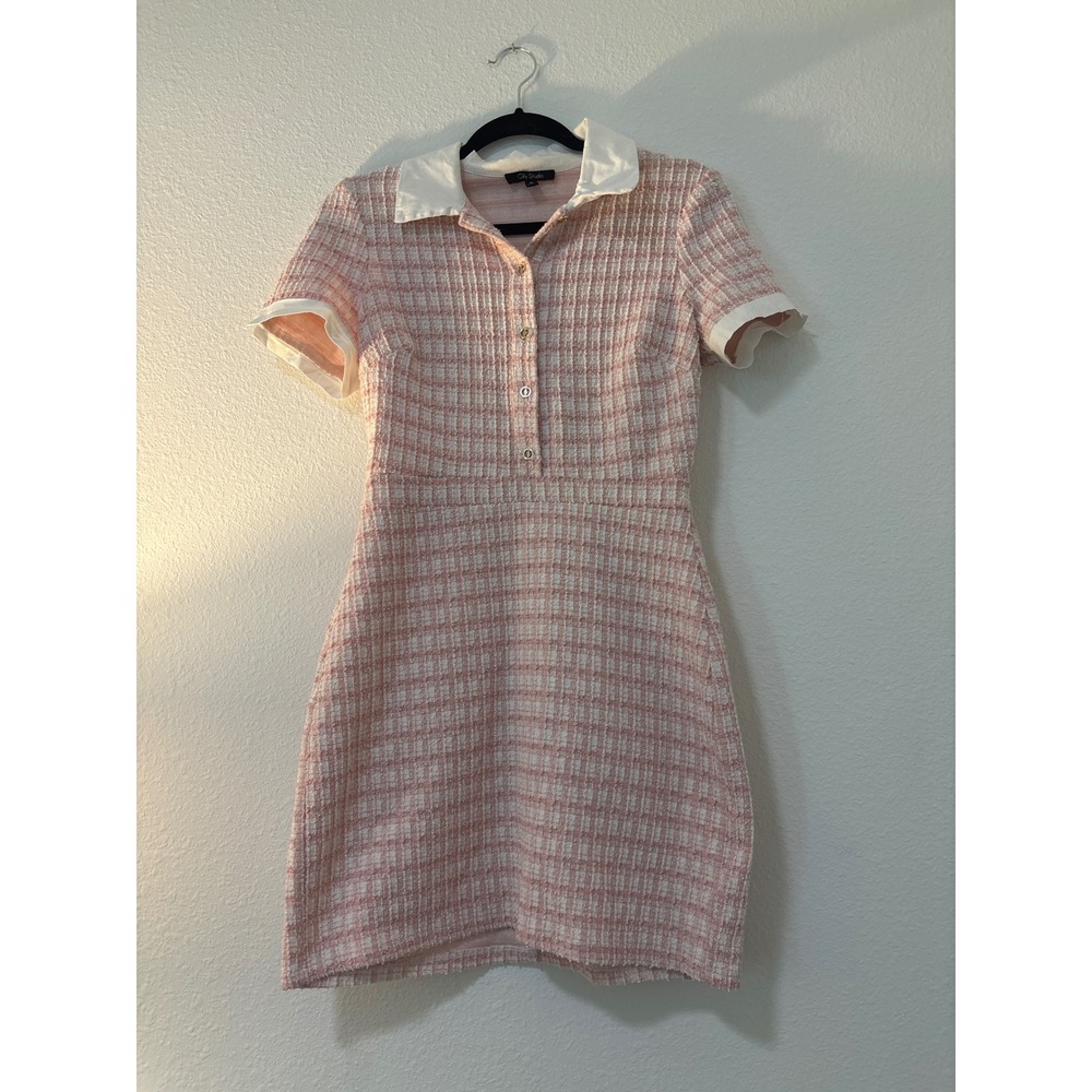 City Studio Pink White Tweed Mini Dress Gold Button Collar Preppy Plaid Womens M